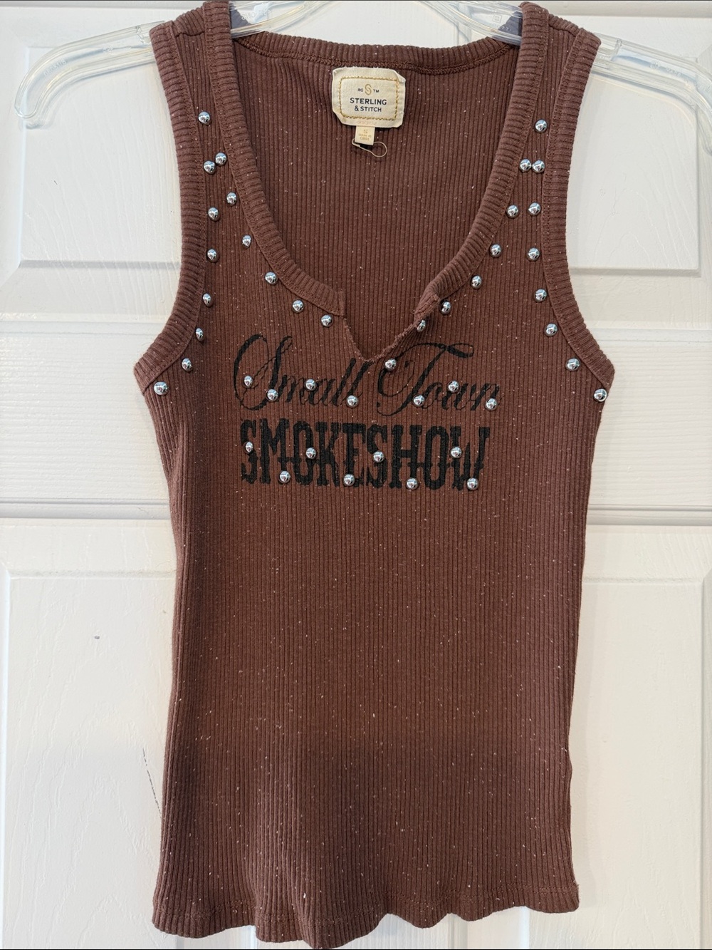BKE Brown Ribbed Studded Tank with Graphic